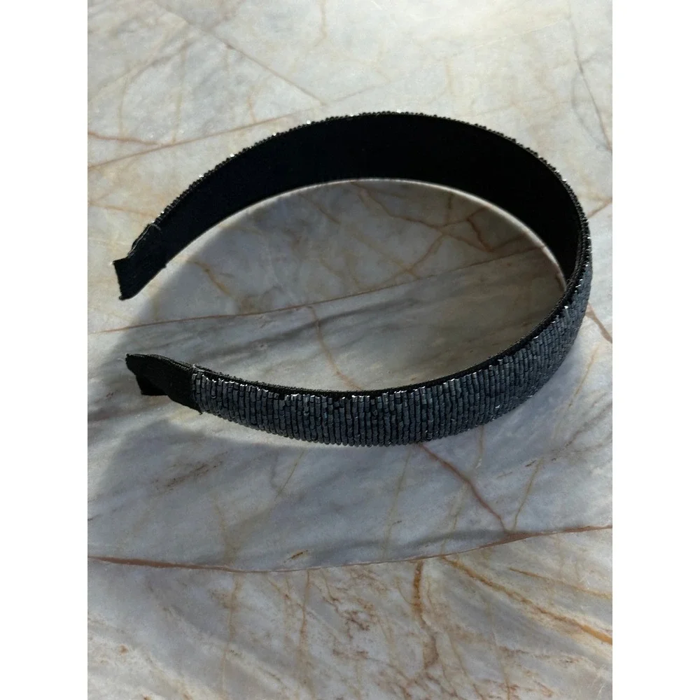 Gunmetal Beaded Headband Metallic Black Bugle Bead Hair Accessory Hand Beaded